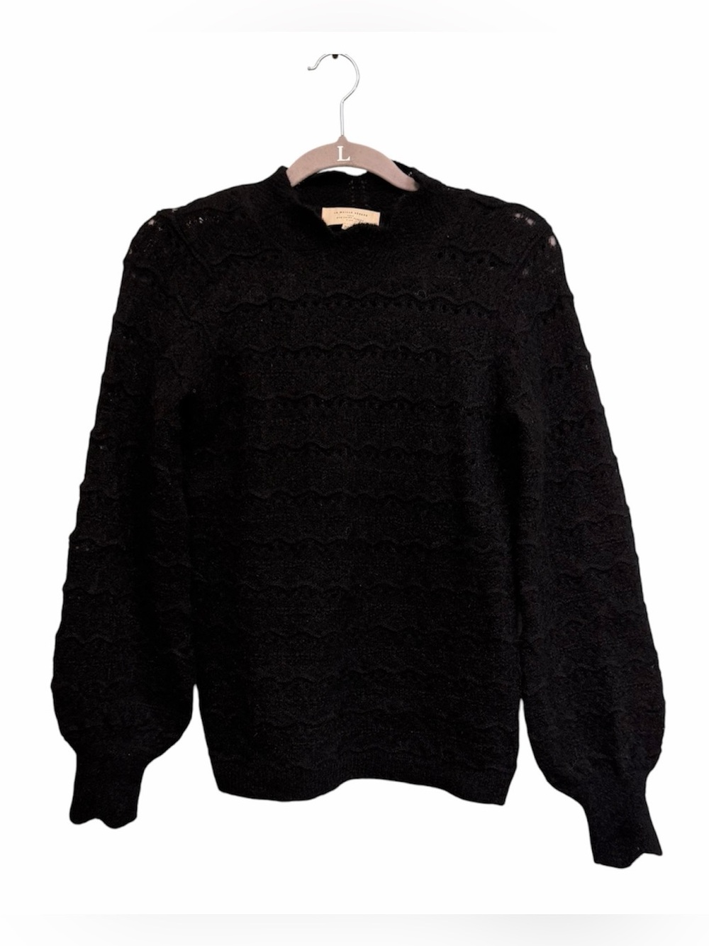 Sezane pointelle black mohair blend puff sleeve jumper sweater, size xxs (small)